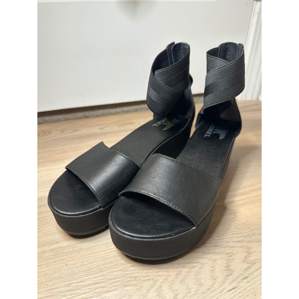 Sorel Cameron Flatform Black Platform Ankle-Strap Wedge Sandals Size 8